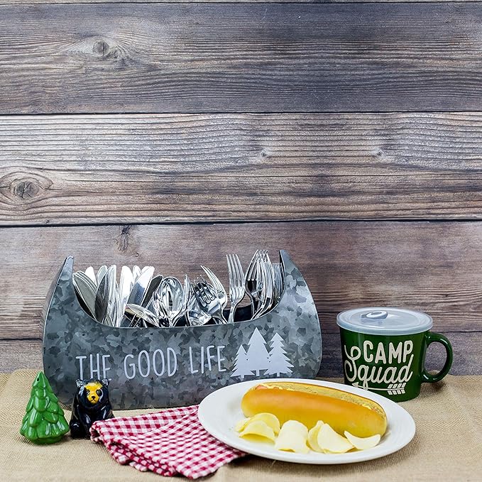 Boston Warehouse 55169 Canoe Shaped Galvanized Metal Flatware Caddy, 14 Inch, The Good Life