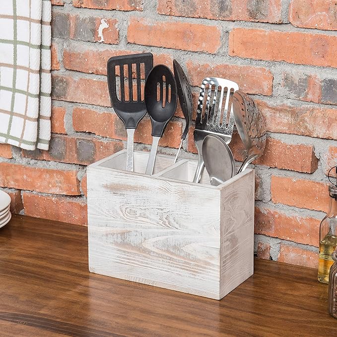 MyGift Whitewashed Wood Kitchen Utensil Holder Organizer, Countertop Flatware Silverware Cooking Utensil Crock Storage Caddy with 2 Compartments