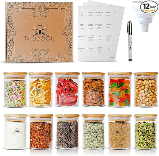 4/12 Pieces Glass Spice Jars with Bamboo Airtight Lids, Labels, Marker, and Cone- Clear Multipurpose Storage Containers (12)