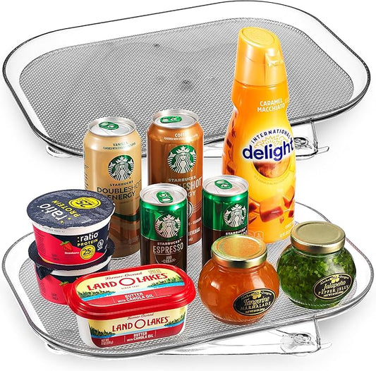 Oizeir Refrigerator Lazy Susan (2PK) - Clear Rectangular Fridge Organizer - Turntable Tray Lazy Susan for Refrigerator - Cabinet & Pantry Organizer - Smooth 360° Rotating Swivel Spinning Fridge Shelf