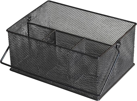 YBM HOME Mesh Basket Utensil Holder & Picnic Silverware Caddy Organizer with Four Compartments and Napkin Storage, Black