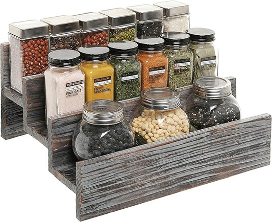 MyGift Rustic Torched Wood Spice Jar Organizer Rack with 3 Tier Stair Design, Kitchen Countertop Seasoning and Condiment Storage Display Shelf
