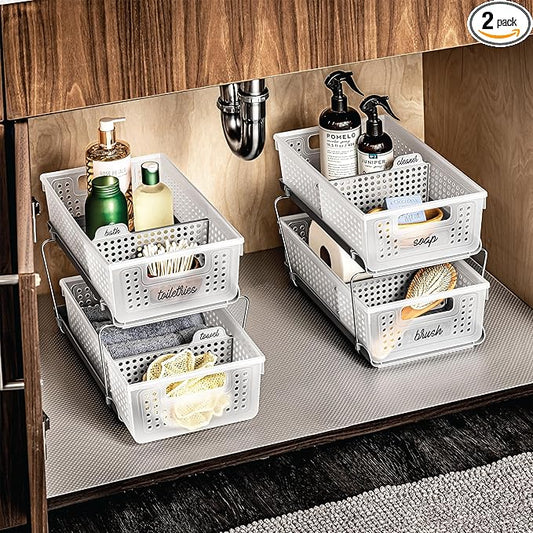 madesmart Stackable 2-Tier Organizer, 2 Pack, Multi-Purpose Slide-Out Storage with Extra Set of Legs, Handles and Dividers for Home and Bath, BPA Free, Frost 2 PACK