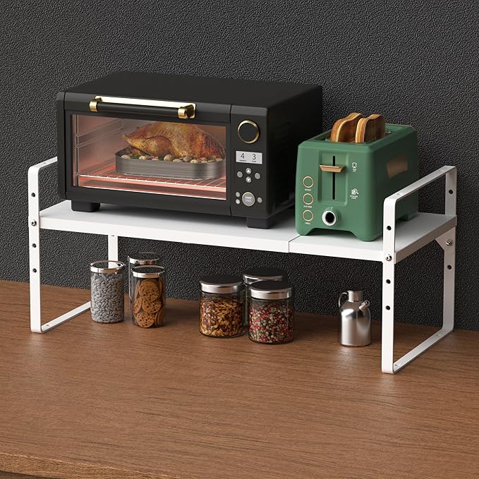 Expandable Kitchen Cabinet Shelf Organizers, Stackable Metal Pantry Storage Shelves Rack, Adjustable Counter Spice Shelf for Cabinets, Countertop, Cupboard Organizers and Storage, White